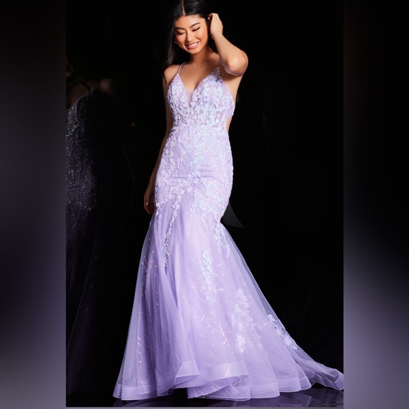 Jovani Lavender Lace Prom Gown